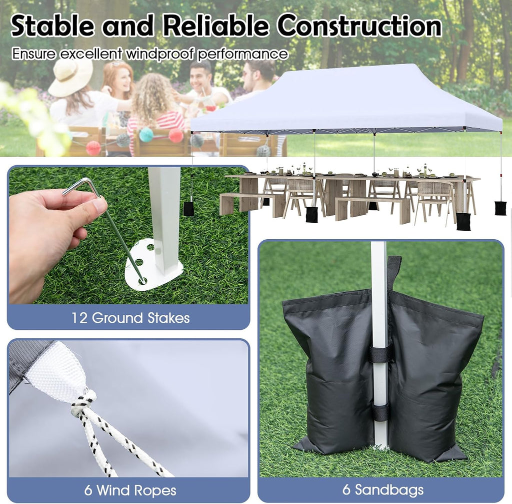 Tangkula 10x20 Ft Pop Up Canopy, Instant Setup Tent with 6 Sandbags, 12 Stakes & 6 Ropes, UPF 50+ Portable Outdoor Canopy Tent with Carrying Bag for Camp, Beach, Patio (White)