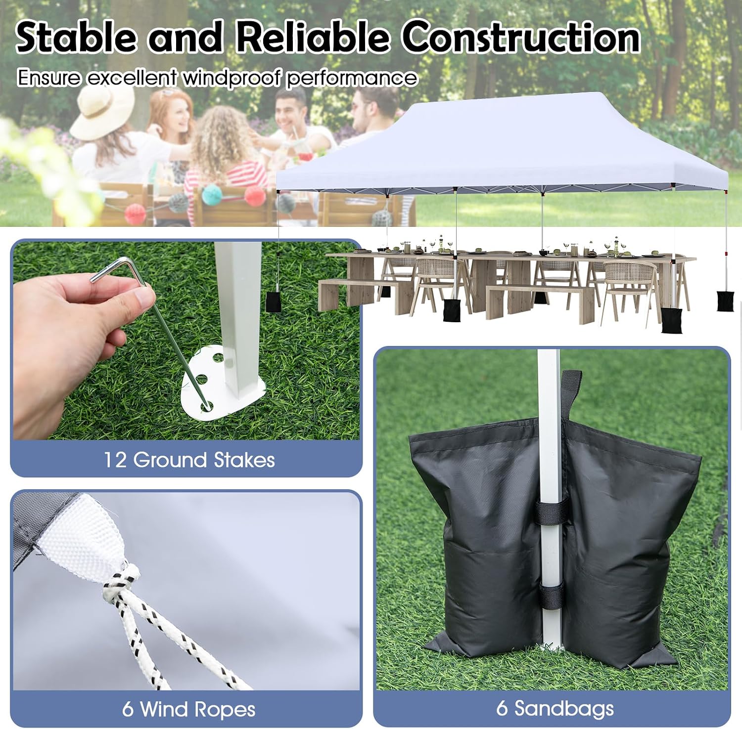 Tangkula 10x20 Ft Pop Up Canopy, Instant Setup Tent with 6 Sandbags, 12 Stakes & 6 Ropes, UPF 50+ Portable Outdoor Canopy Tent with Carrying Bag for Camp, Beach, Patio (White)