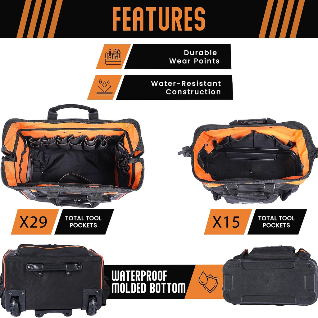 18' Rolling & Duffle Tool Bag - 2 Pack - Portable Tool Bag with Wheels - Water Resistant Fabric - 29 & 15 Pocket Roll Bag for Mechanics, Electricians, Plumbers & Hvac Bag