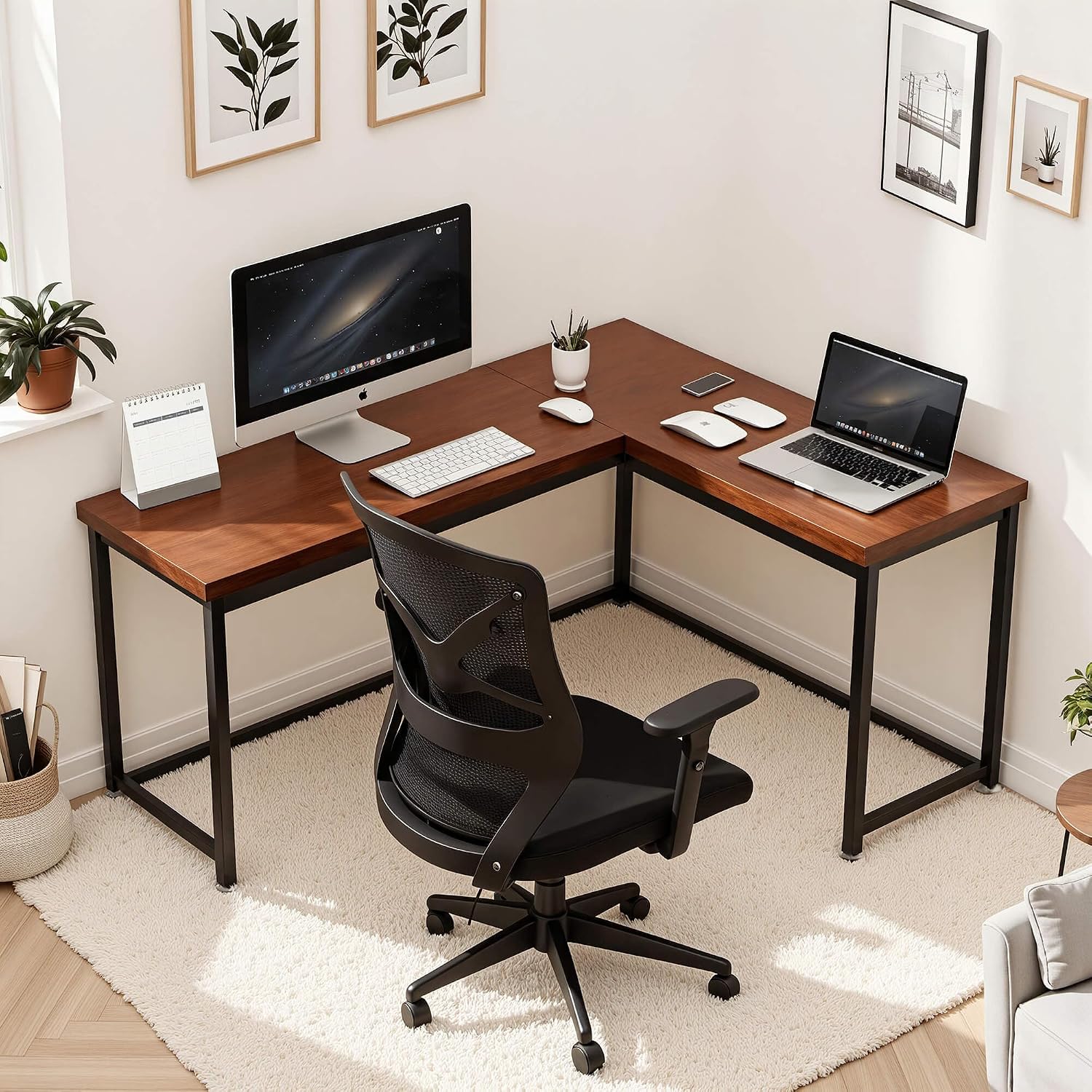 ivinta L Shaped Desk, Modern Corner Home Office Computer Desk with 2' Thicker Desktop for Study Work, Simple Reversible Worksation with Metal Frame for Bedroom Living Room Novas (Light Brown)