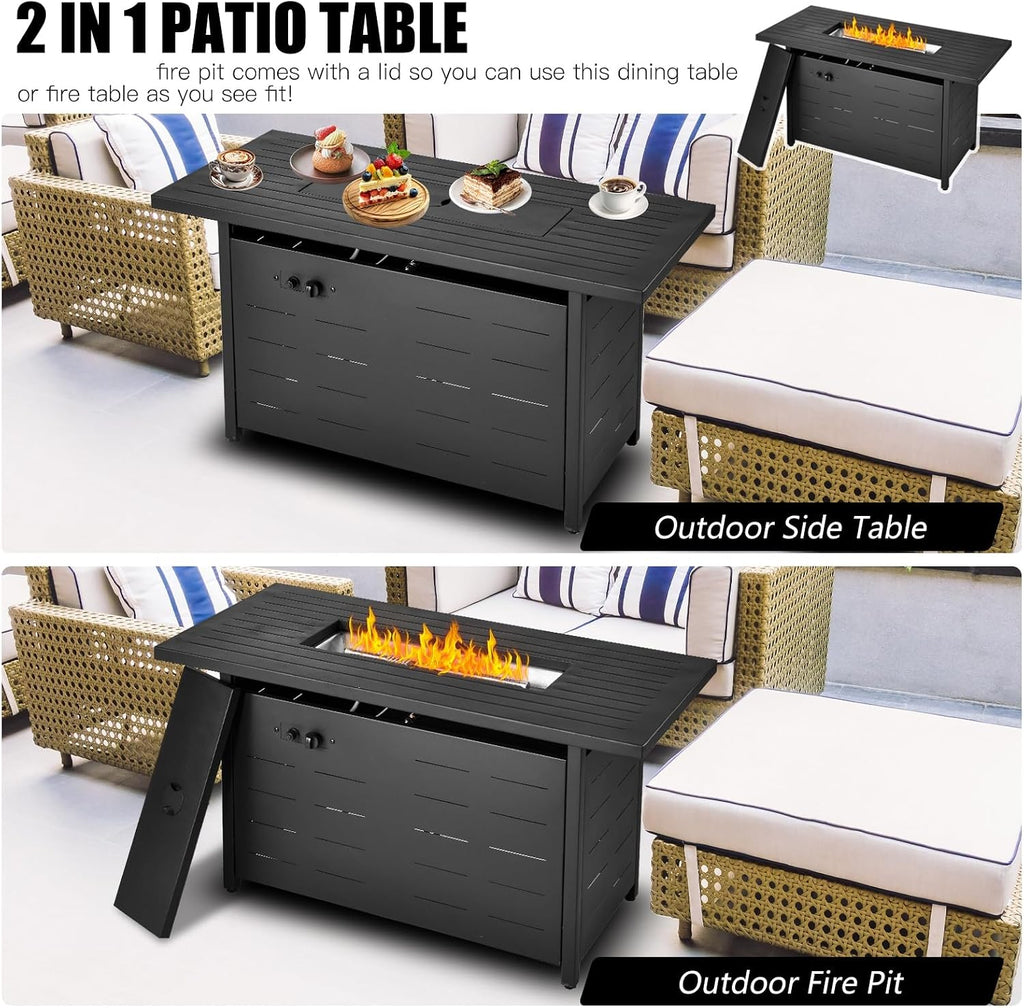 EcoNook 45 inch Propane Fire Pit Table,50000 BTU Gas Fire Pits Table with Lid & Lava Rock & Waterproof Cover, Outdoor Propane Firepit for Dining or Party, Outside, Patio, Garden, Yard
