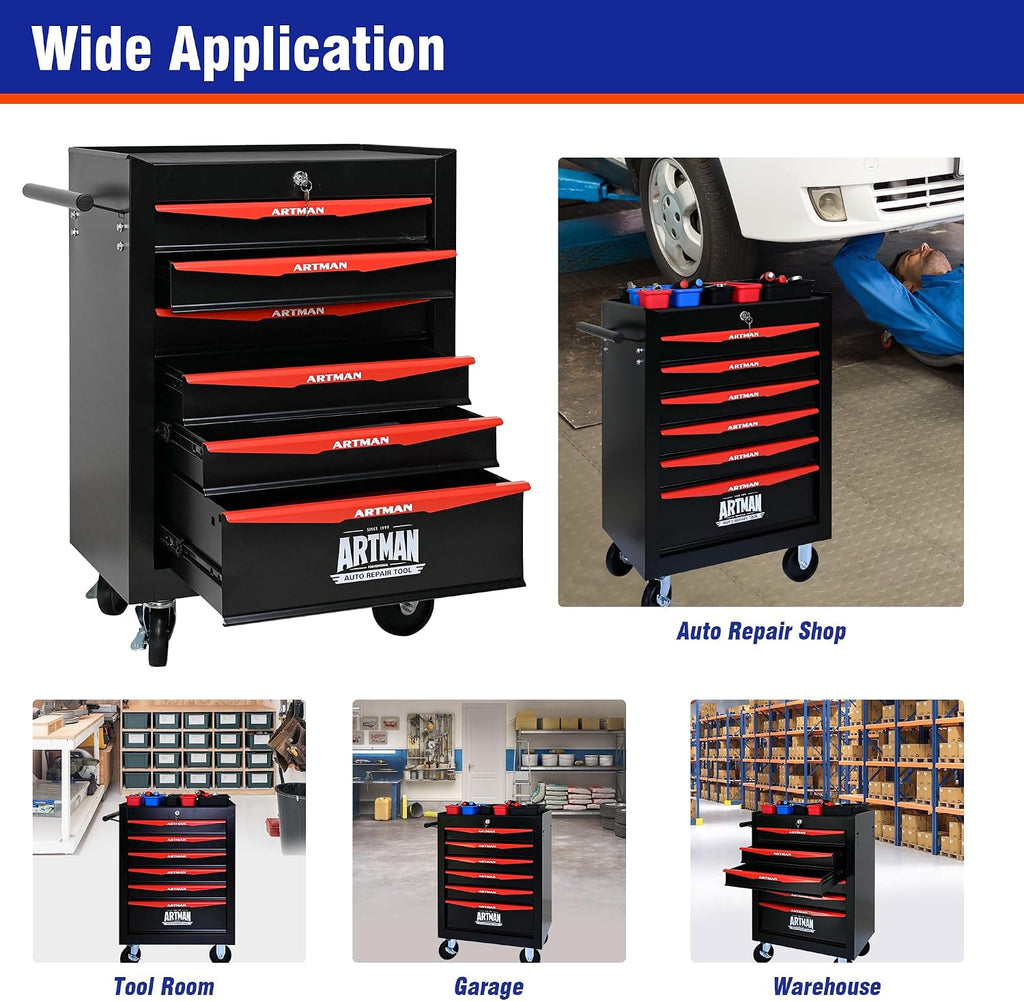 6 Drawers Rolling Tool Box on Wheels, Multifunctional Tool Chest Cabinet with Lock, Drawers Rolling Tool Cart Trolley Organizer Tool Storage Case for Warehouse,Garage,Workshop (Black&Red)