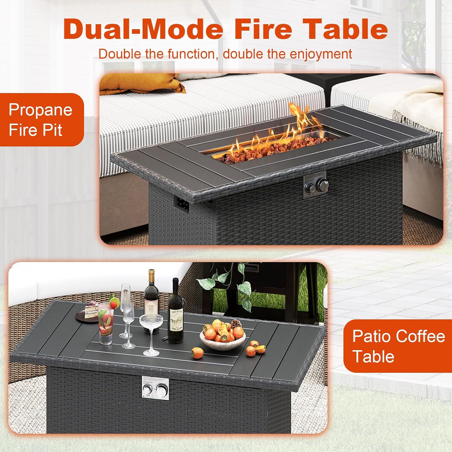 Tangkula 44.5 Inch Propane Fire Pit Table, Outdoor Rattan Gas Firepit with Metal Slatted Tabletop & Stainless Steel Burner, Rectangle Fire Pit with Lava Rocks & Protective Cover for Outside Patio