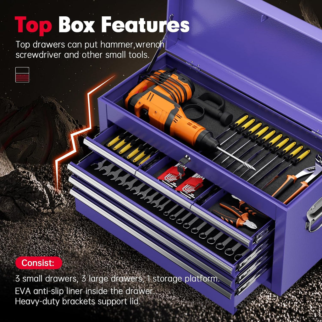 Superday Metal Tool Chest, 8 Drawer Rolling Tool Chest with Wheels, Detachable Tool Storage Cabinet with Lock for Garage, Steel Tool Cart with Liner & Hooks for Workshop, Warehouse (Purple)