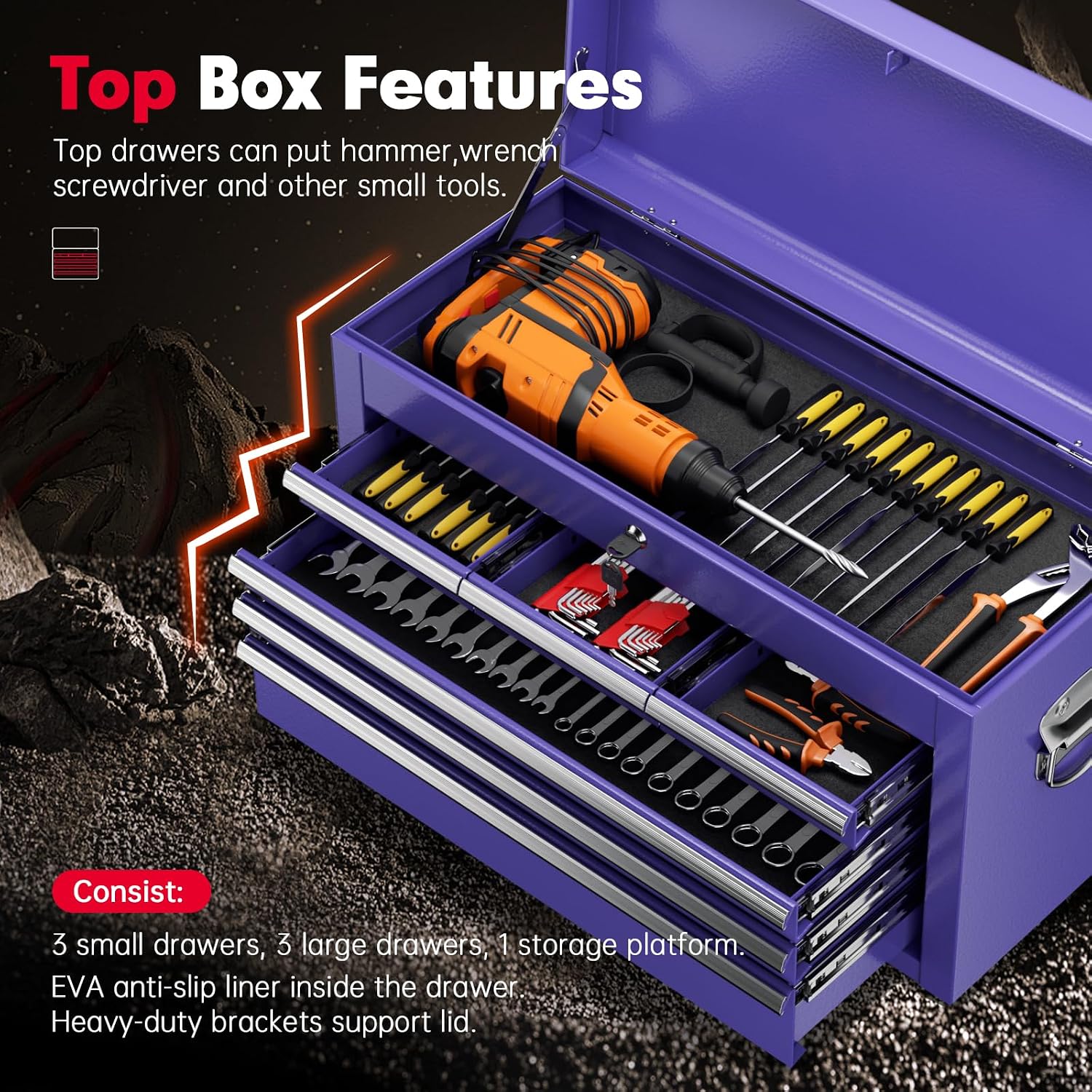Superday Metal Tool Chest, 8 Drawer Rolling Tool Chest with Wheels, Detachable Tool Storage Cabinet with Lock for Garage, Steel Tool Cart with Liner & Hooks for Workshop, Warehouse (Purple)