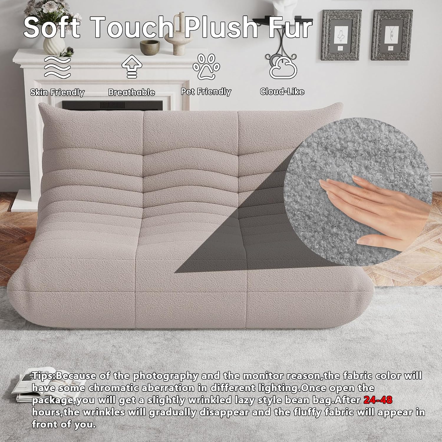 WHGBJA Bean Bag Chairs for Adults, BeanBag Reading Chair Memory Foam Couch 3-Seater, Floor Chair Soft Teddy Material, Comfy Reading Nook Chairs for Bedroom Living Room Office (Grey)