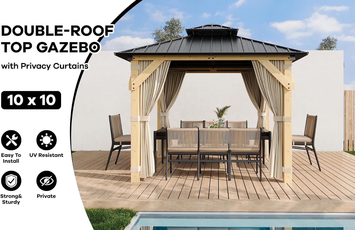 10 x 10 Ft Wood Gazebo, Hardtop Gazebo with Galvanized Steel Peak Roof, Outdoor Pavilion with Curtains and Netting, Patio Permanent Wooden Pavilion, Shade for Garden, Patio, Deck