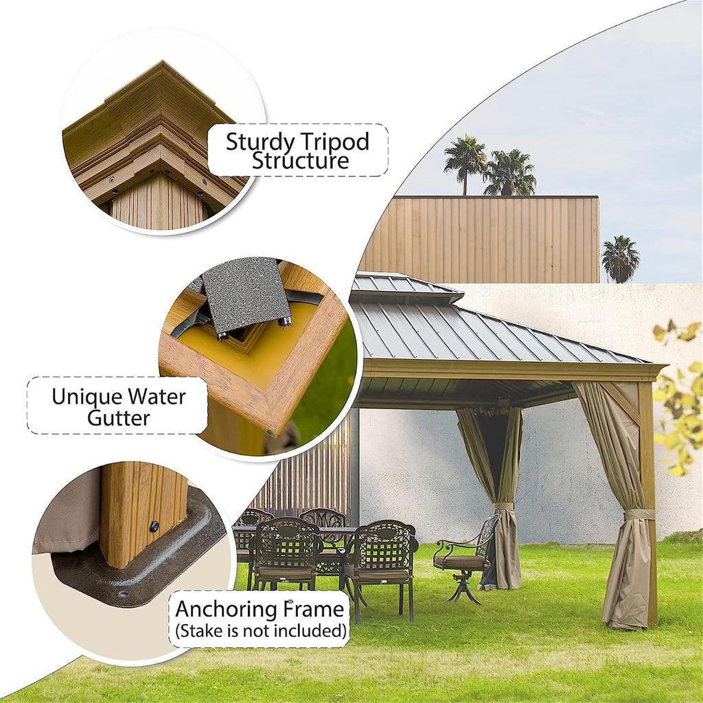 12x14Ft Hardtop Gazebo Wooden Coated Aluminum Frame Canopy Galvanized Steel Double Roof Outdoor Wood-Looking Permanent Metal Pavilion with Curtains and Netting for Patio Deck Lawn