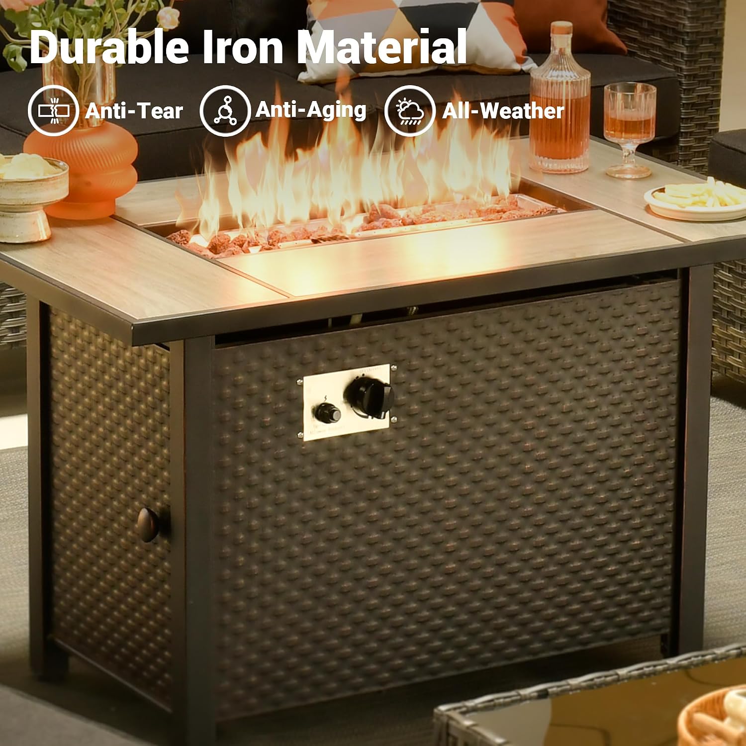 OVIOS 42' Outdoor Propane Fire Pit Table, 50,000 BTU Rectangular Steel Firepits with Ceramic Tabletop, Waterproof Cover, Lid, Lava Rock for Patio Deck Garden, Black