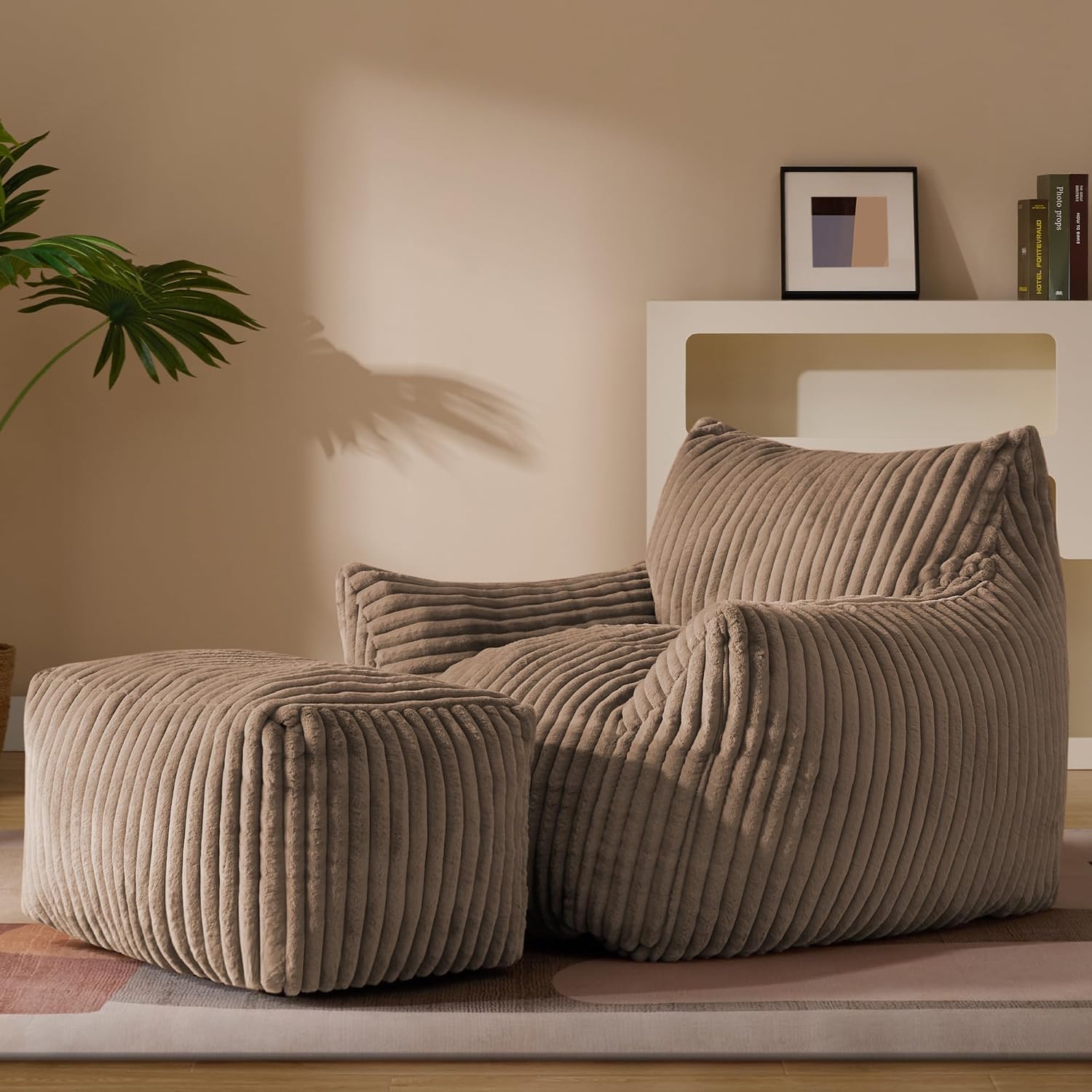 Gericco Oversized Bean Bag Chaise Lounge Chair Indoor for Adults with Armrests & Ottoman - Giant Comfy Khaki Beanbag Floor Sofa Cloud Accent Chair for Reading, Gaming, Cozy Plush Cloud Mini Couch