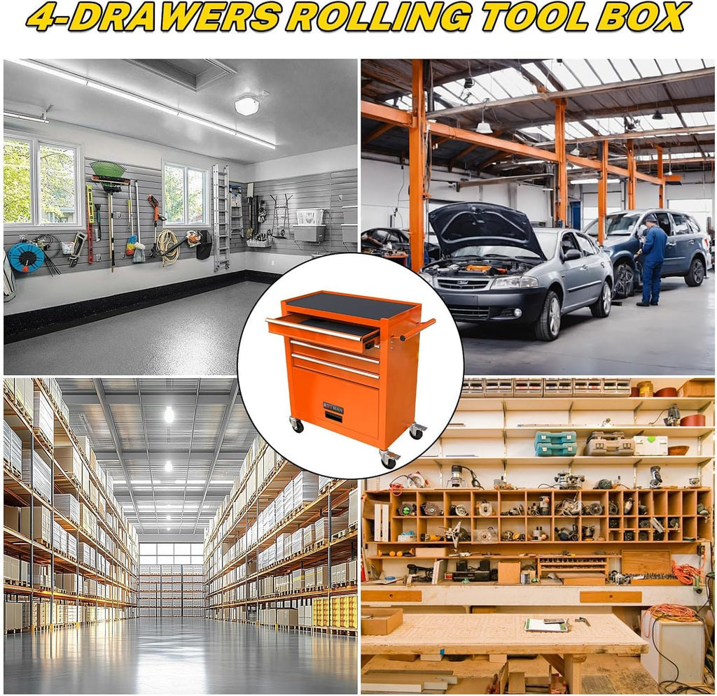 4-Drawer Heavy-Duty Rolling Tool Chest with Wheels, Steel Storage Organizer Cart with Handle, Metal Tool Cabinet for Garage, Workshop, and Repair Shop