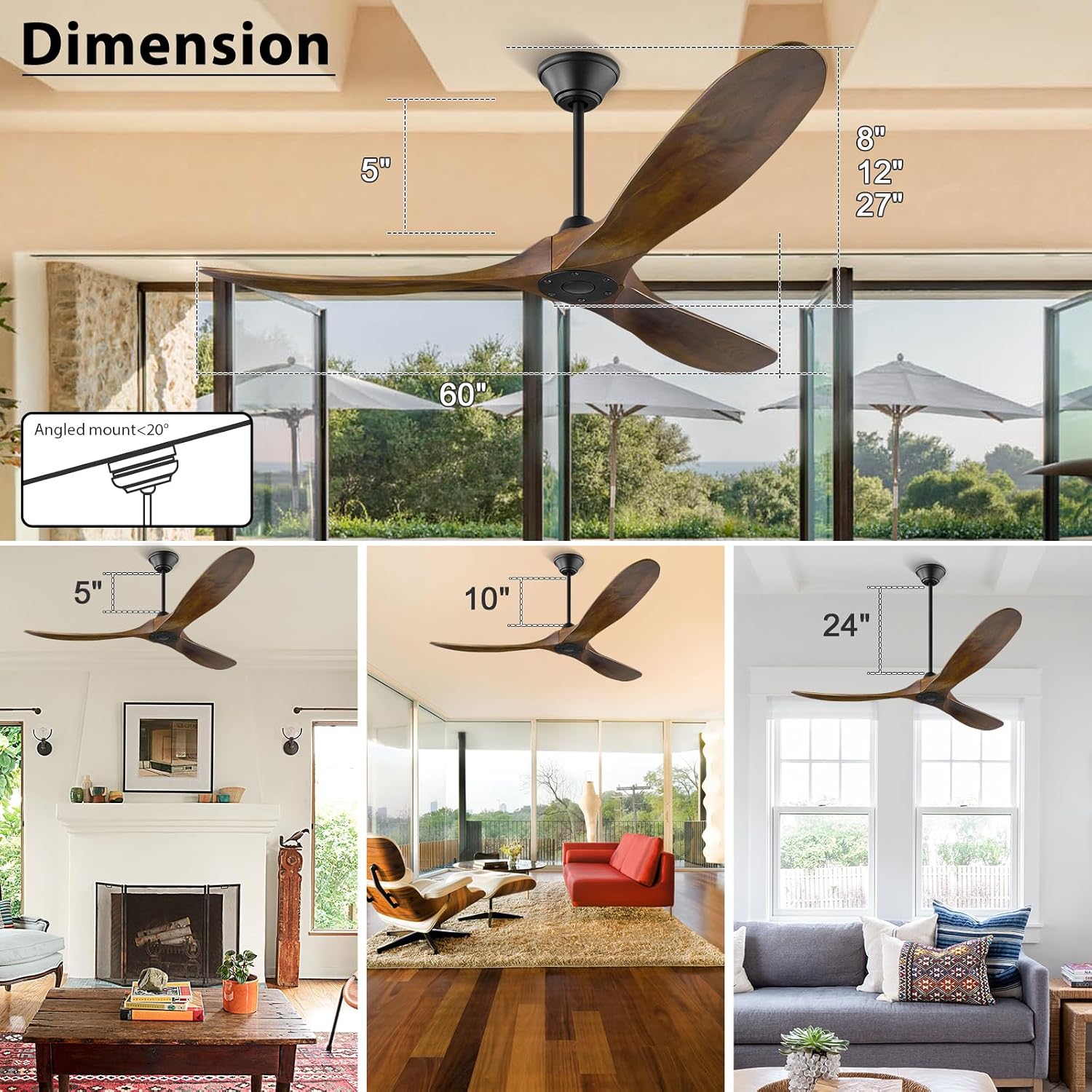 Wood Ceiling Fan without Light, 60 Inch Indoor Outdoor Ceiling Fan with Remote no Light, 3 Blade Large Airflow Propeller Fan for Farmhouse Patios Gazebo, Reversible DC Motor, 3 Downrods
