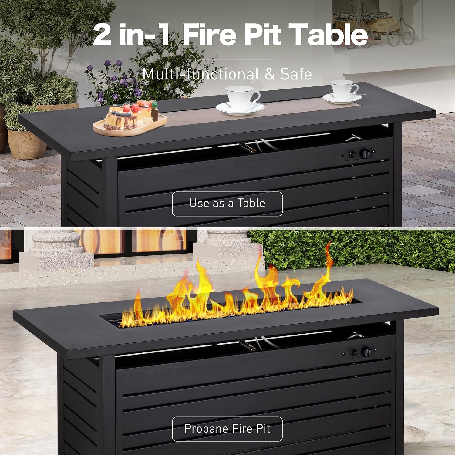 SUNSHINE VALLEY Propane Gas Fire Pit Table 57' 0utdoor Firepit Table Rectangular Wood-Like Tabletop with Glass Rock, Black Outdoor Fire Pit for Patio Outdoor Outside Garden Backyard Deck