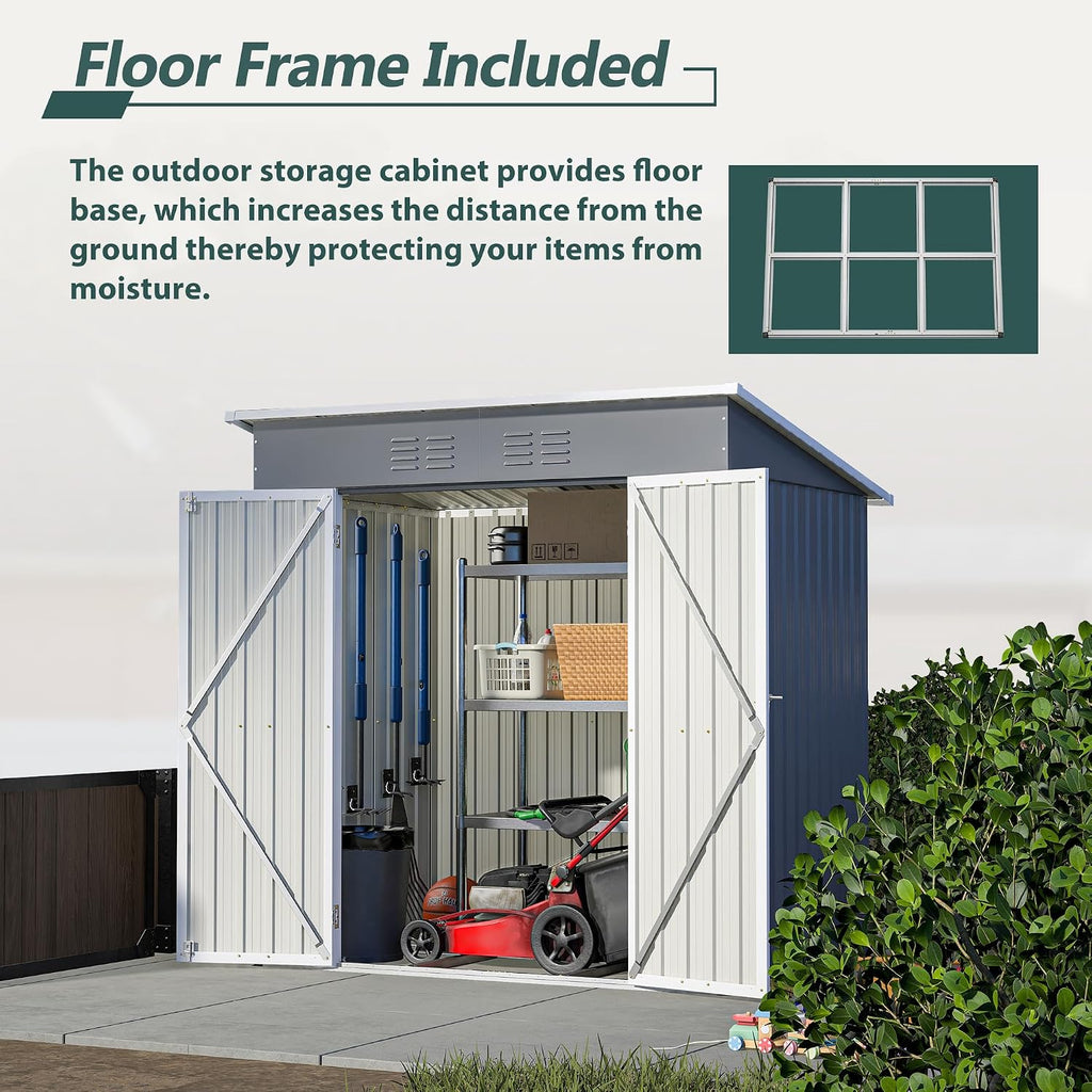 6x4 FT Shed Outdoor Storage Metal Large Garden Tool Sheds with Lockable Doors Floor Frame Shed-Roof Waterproof Steel Utility Equipment Sheds for Backyard Patio Lawn Poolside, Grey