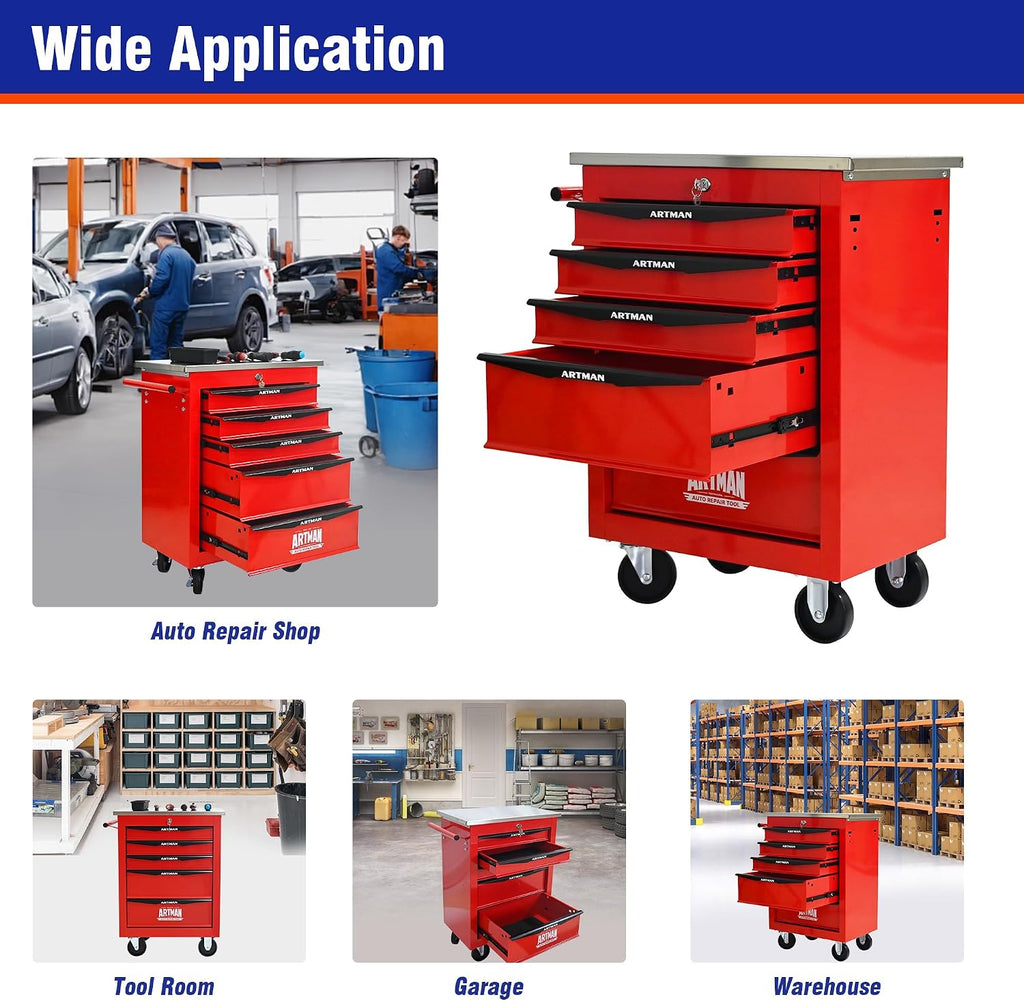 5 Drawers Rolling Tool Box on Wheels, Stainless Steel Countertop Tool Chest Cabinet with Lock, Drawers Rolling Tool Cart Trolley Organizer Tool Case for Garage,Warehouse (Red)