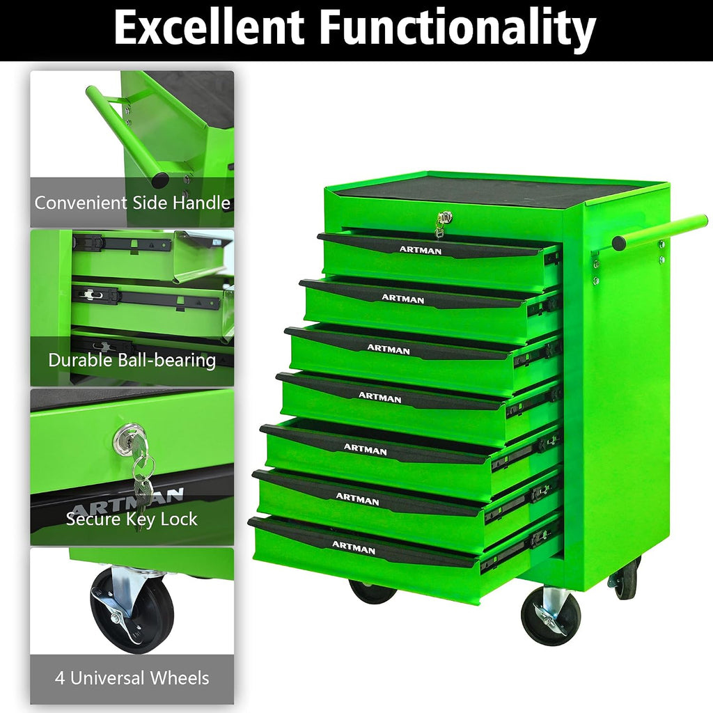 Rolling Tool Chest Cart with 7 Drawers,Storage Tool Cabinet on 4 Wheels. Lockable Tool Cart with Drawer Liners.Steel Tool Box Organizer for Garage,Repair Workshop-Green