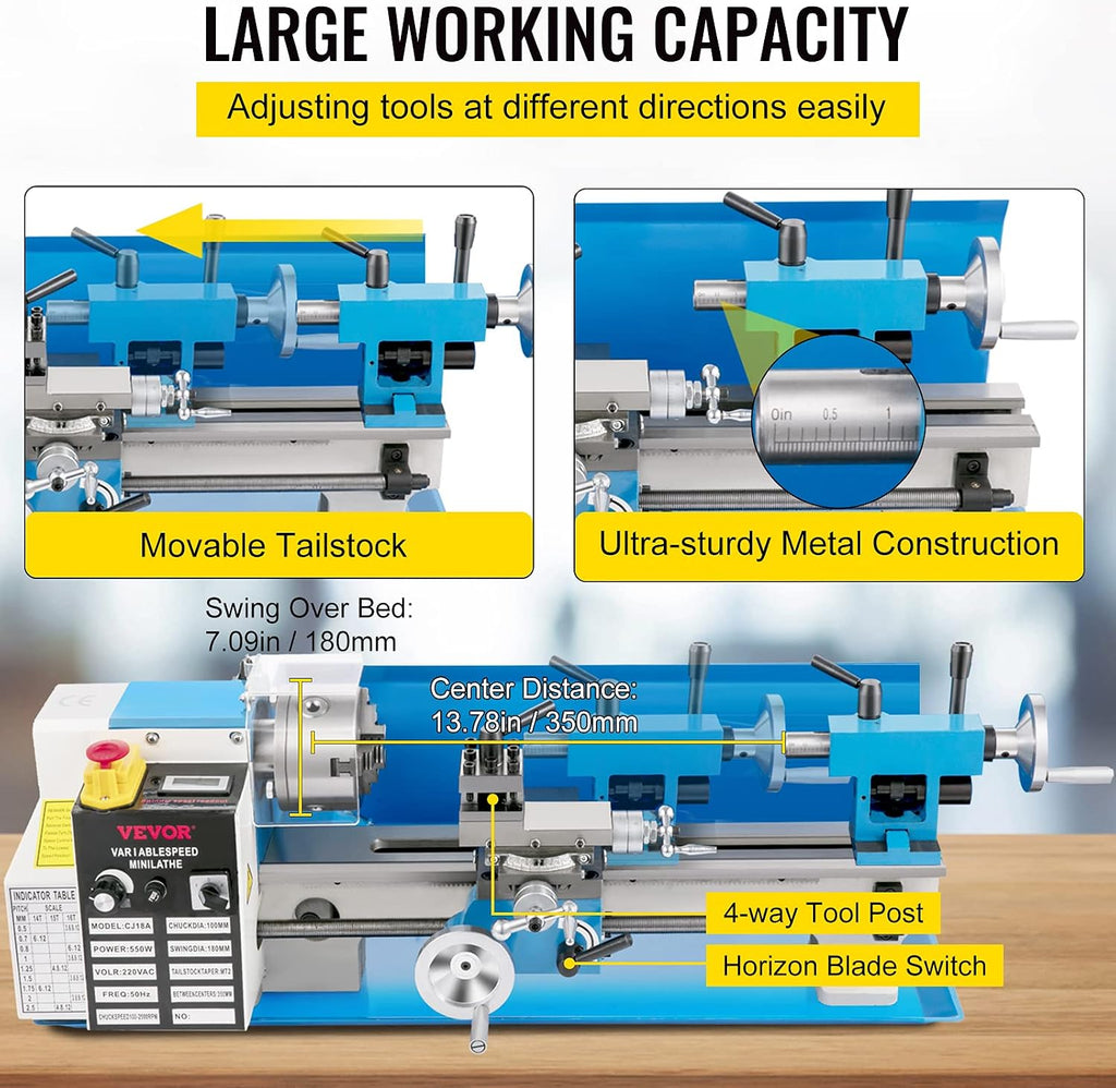 VEVOR Metal Lathe, Upgraded Digital Display 7'x14' Benchtop Metal Lathe 550W Variable Speed 2250RPM with 3-jaw Chuck CNC Mini Lathe Machine Precision Mini Lathe Tool Box for Metal Turning