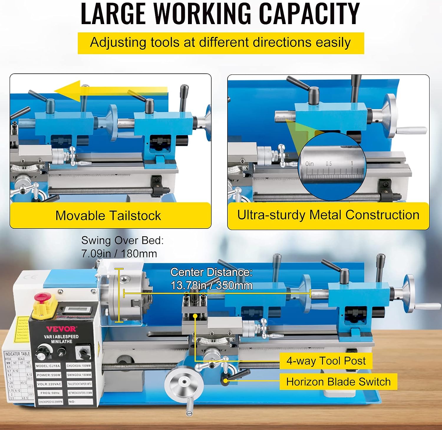 VEVOR Metal Lathe, Upgraded Digital Display 7'x14' Benchtop Metal Lathe 550W Variable Speed 2250RPM with 3-jaw Chuck CNC Mini Lathe Machine Precision Mini Lathe Tool Box for Metal Turning