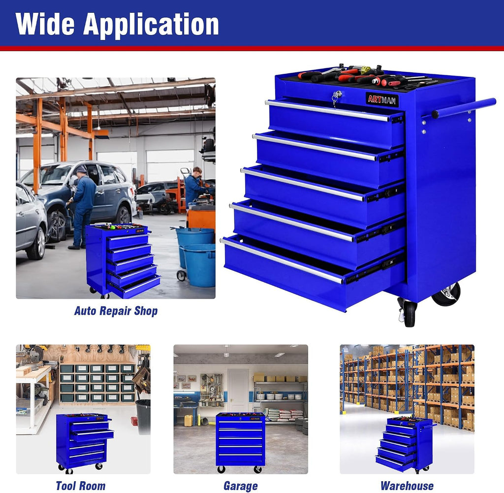 5 Large Drawers Rolling Tool Cart on Wheels, Trolley Organizer Tool Case Chest, Multifunctional Storage Tool Box for Workshop, Garage, Warehouse, Repair Shop (24.2' W×12.9' D×29.9' H-Blue)