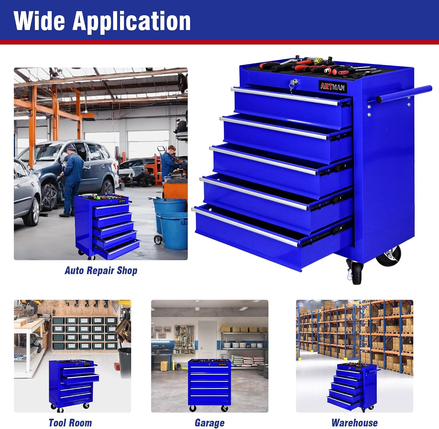 5 Large Drawers Rolling Tool Cart on Wheels, Trolley Organizer Tool Case Chest, Multifunctional Storage Tool Box for Workshop, Garage, Warehouse, Repair Shop (24.2' W×12.9' D×29.9' H-Blue)