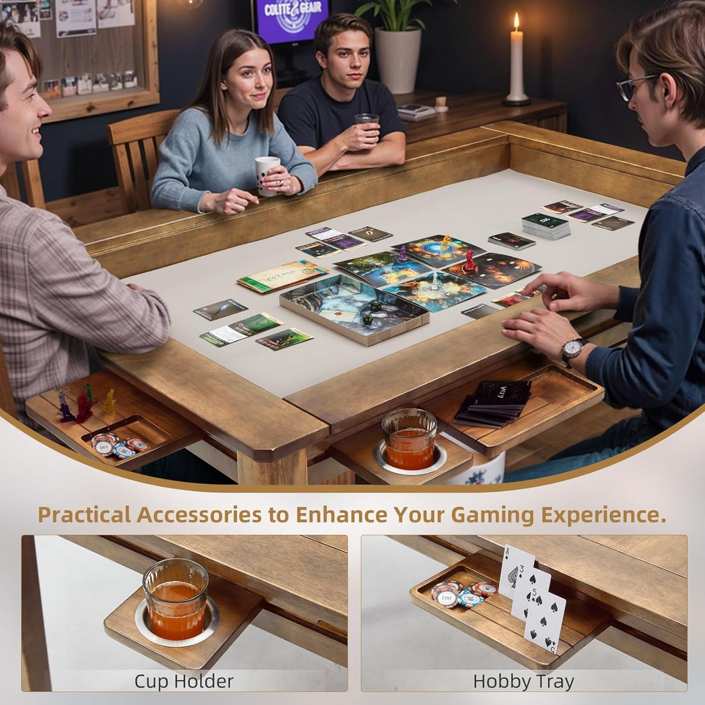Coperat Solid Wood Board Game Table for 4-6 Players,Dining/Gaming Table w/ 54'x31' Big Gaming Space and Removable Top,Includes Game Mat, 6 Cup Holders & Hobby Tray, Light Walnut