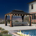 PURPLE LEAF 10' X 14' Hardtop Gazebo Outdoor Wood Grain Aluminum Frame Galvanized Steel Double Roof Gazebos with Lights for Patio Deck Backyard Garden