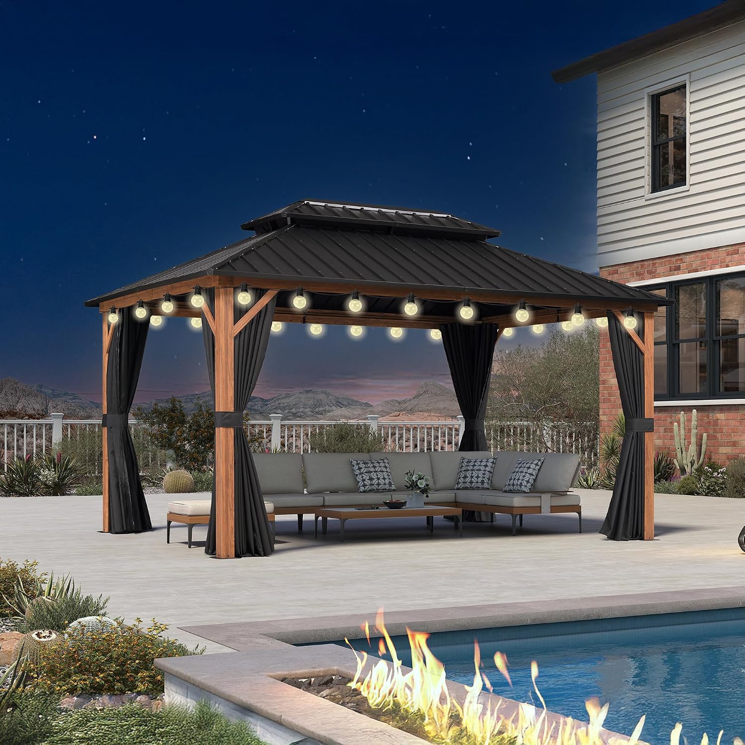 PURPLE LEAF 10' X 14' Hardtop Gazebo Outdoor Wood Grain Aluminum Frame Galvanized Steel Double Roof Gazebos with Lights for Patio Deck Backyard Garden