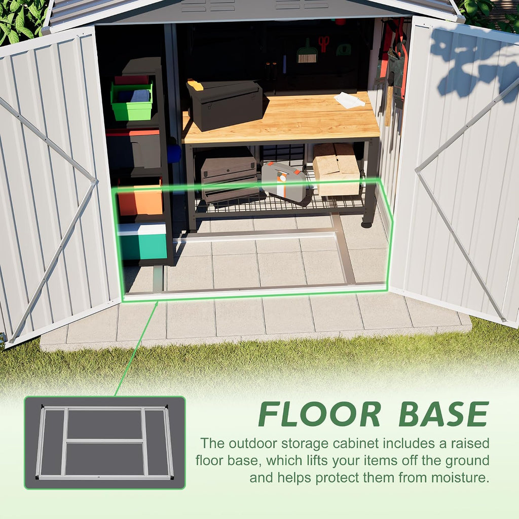 6x4 FT Shed Outdoor Storage Metal Large Garden Tool Sheds with Lockable Doors Slooping Roof Floor Frame Waterproof Steel Utility Equipment Shed for Backyard Patio Lawn Poolside, Grey