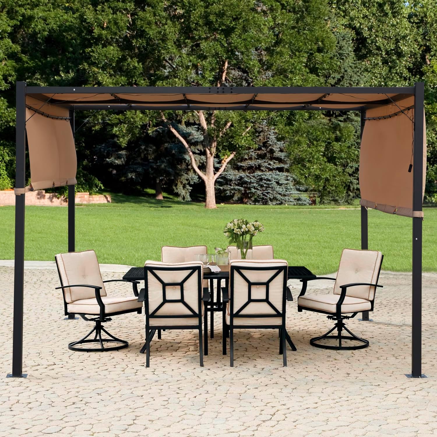 10'x10' FT Heavy-Duty Outdoor Pergola Aluminum Pergola with Retractable Sun Shade Canopy and Solar LED Lights, for Garden, Deck, and Backyard (TAN)