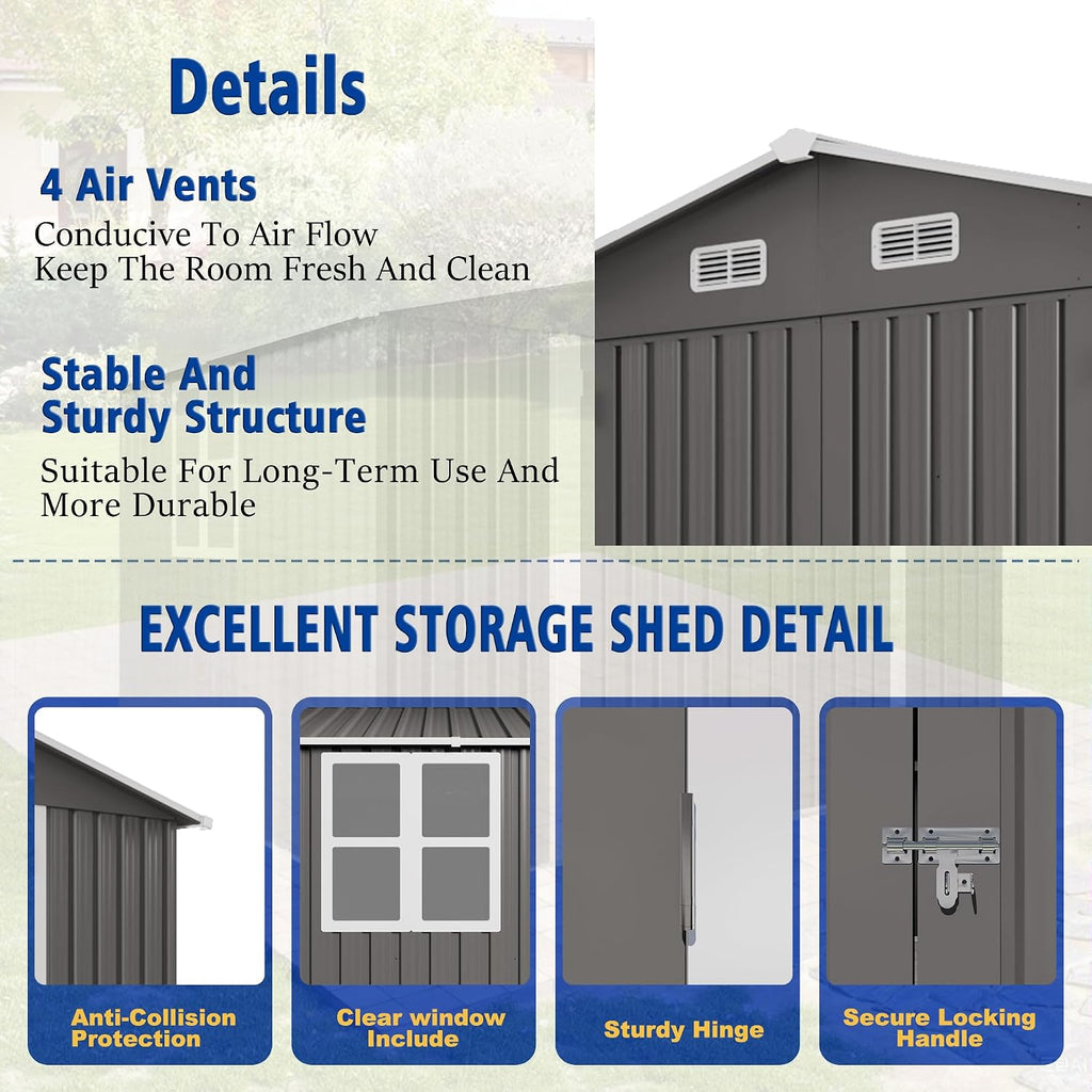 10x8 FT Outdoor Metal Storage Shed, Large Garden Backyard Tool Shed with Lockable Door, Windows and Vents, Multi-Purpose Outside Bike Storage Sheds for Patio, Lawn, Poolside, Motorcycle, Gray