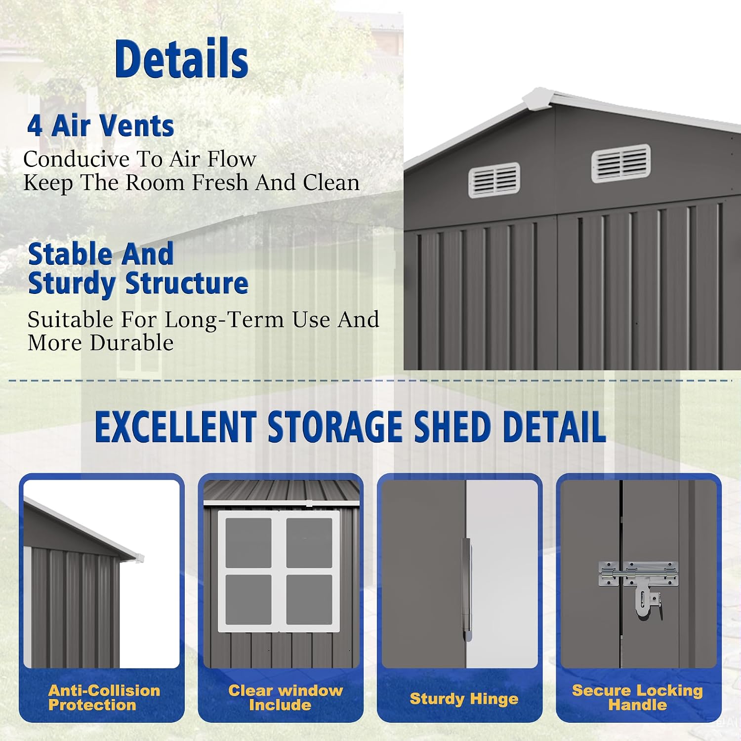 10x8 FT Outdoor Metal Storage Shed, Large Garden Backyard Tool Shed with Lockable Door, Windows and Vents, Multi-Purpose Outside Bike Storage Sheds for Patio, Lawn, Poolside, Motorcycle, Gray