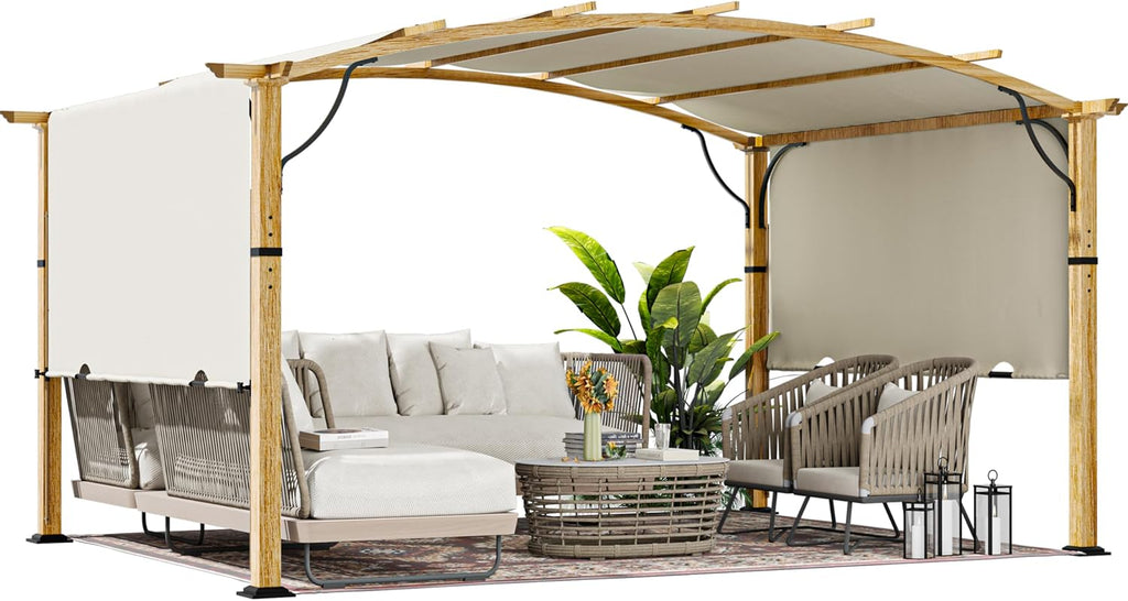 HAPPATIO 10' x13' Outdoor Retractable Pergola, Patio Metal Pergola with Sun Shade Canopy, Wood-Grain Aluminum Pergola with Canopy Fixed in Various Positions, Metal pergola for Backyards (Beige)