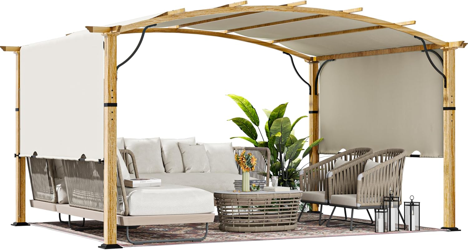 HAPPATIO 10' x13' Outdoor Retractable Pergola, Patio Metal Pergola with Sun Shade Canopy, Wood-Grain Aluminum Pergola with Canopy Fixed in Various Positions, Metal pergola for Backyards (Beige)