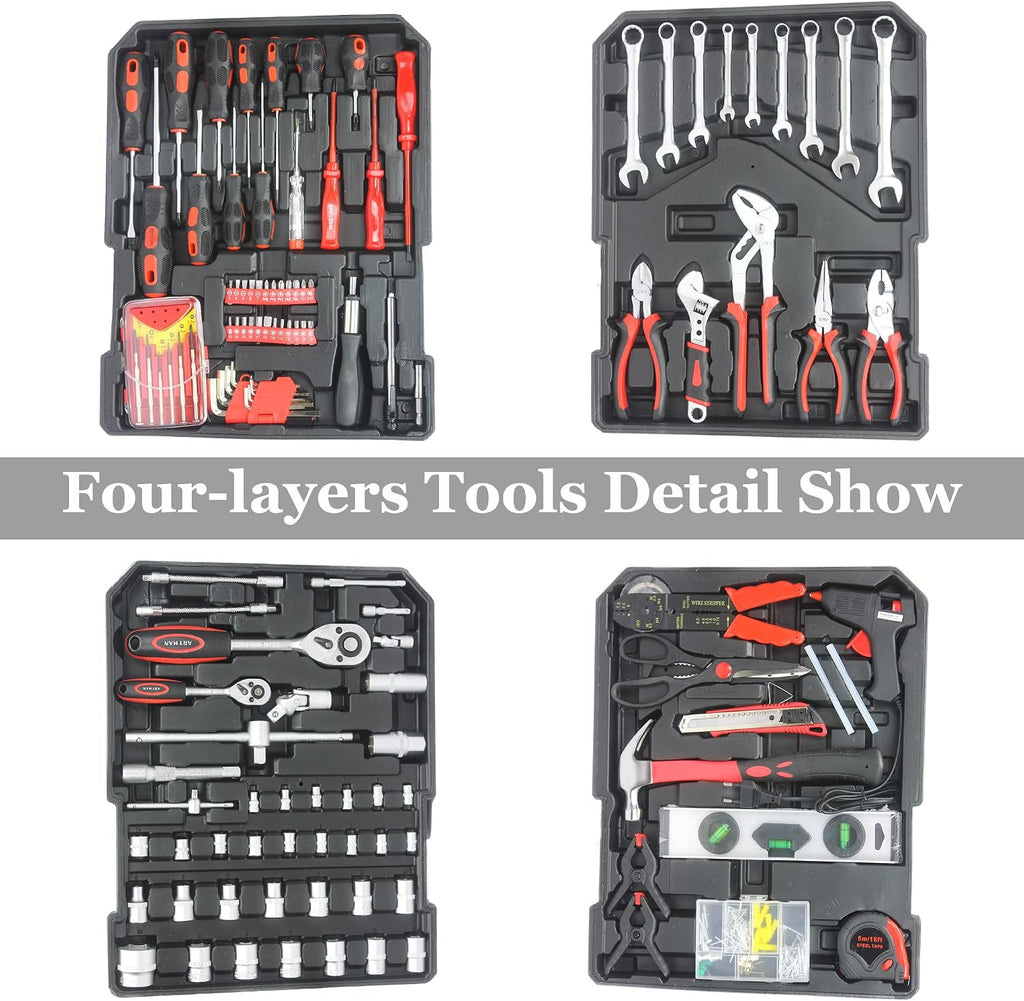 Leavader 889 Pcs Aluminum Trolley Case Tool Set with Wheels, Four-Layer Tool Kit with Rolling Tool Box, Portable Toolbox Storage Case with Drawer for Repair Gift on Father's Day