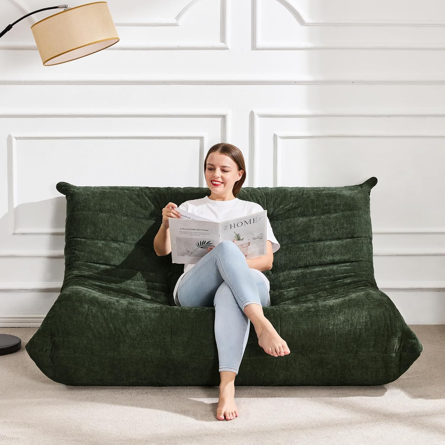 Bean Bag Chairs for Adults Giant Bean Bag Chair Memory Foam BeanBag Chair Bean Bag Sofa with Filler Faux Fur Fireside Beanbags Lazy Sofa for Living Room Bedroom Office (Green Chenille, Loveseat)