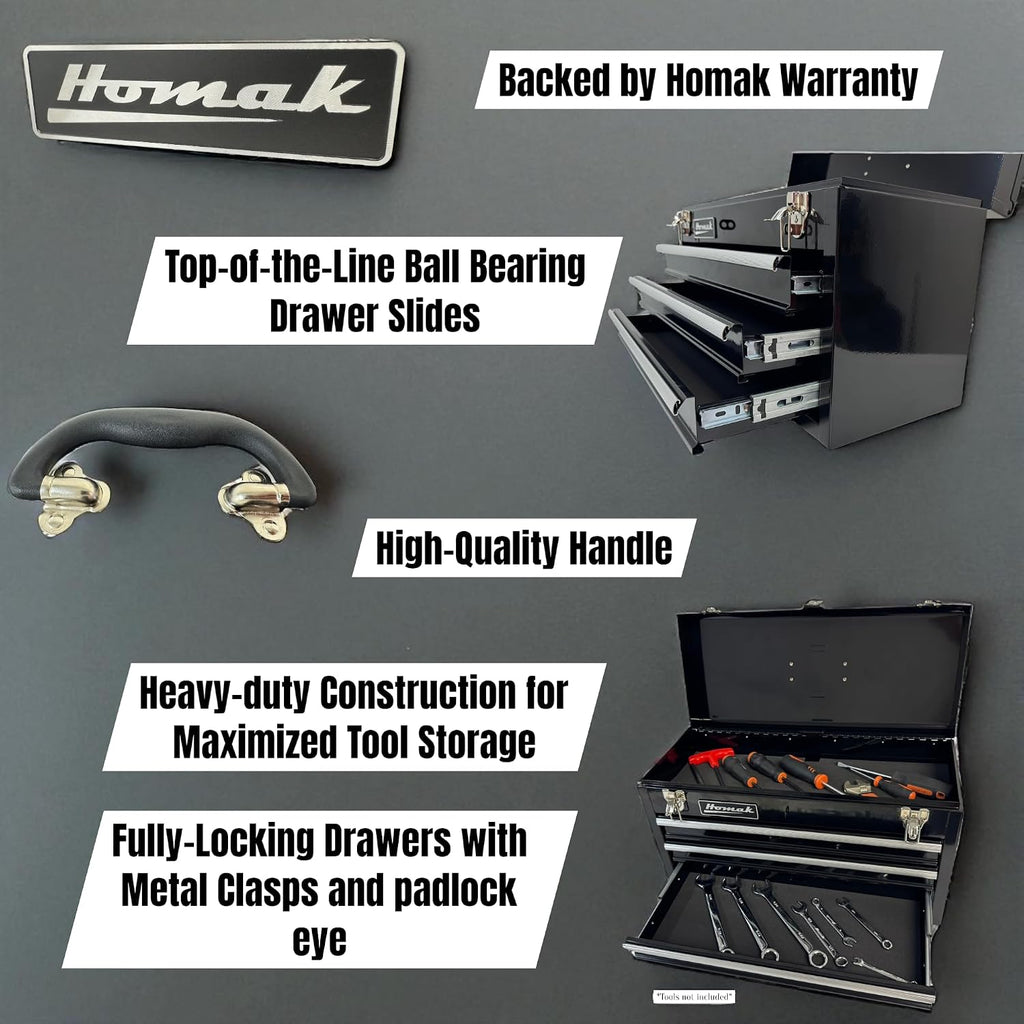 Homak 3 Drawer Ball Bearing Toolbox Chest, Black, 20 Inches