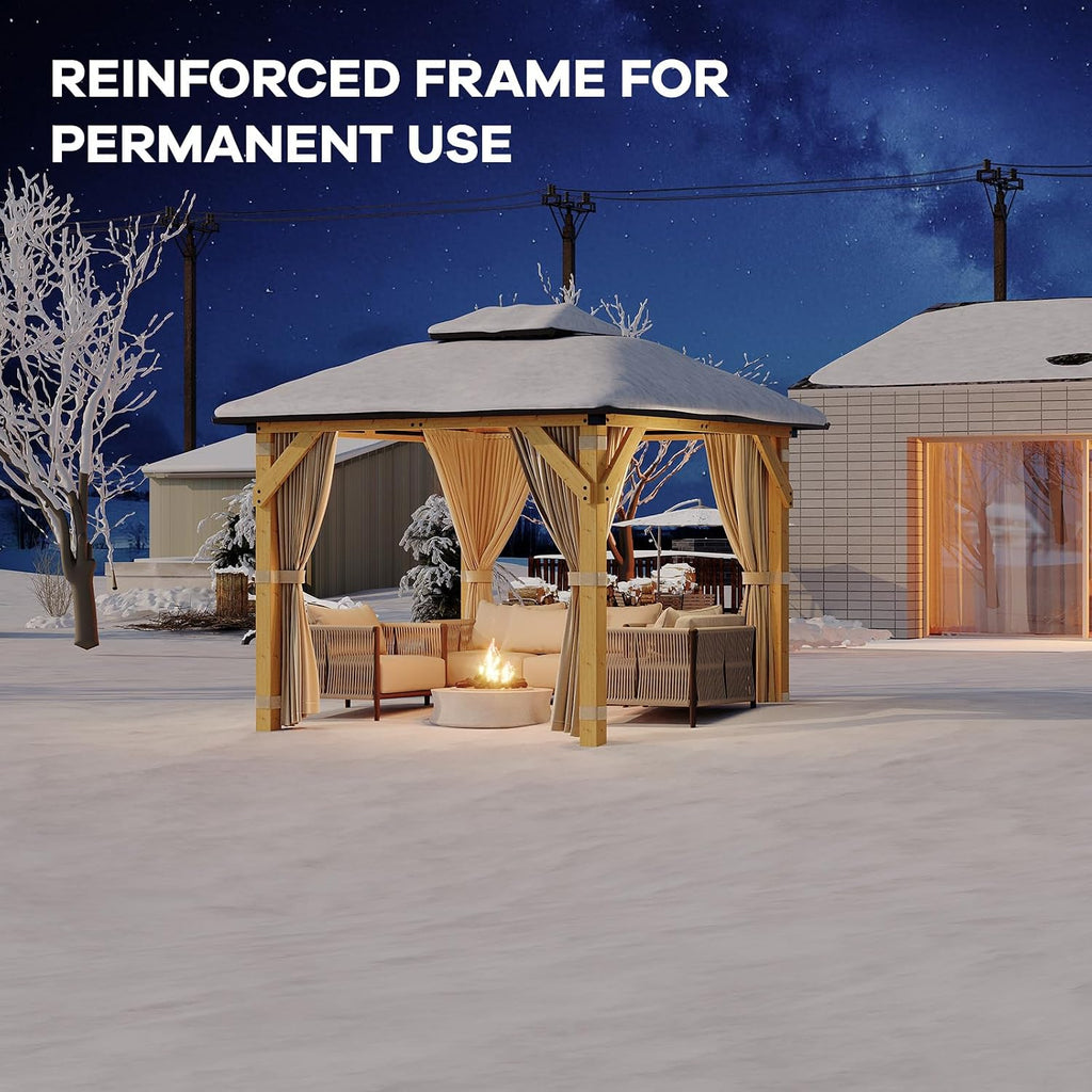 10 x 10 Ft Wood Gazebo, Hardtop Gazebo with Galvanized Steel Peak Roof, Outdoor Pavilion with Curtains and Netting, Patio Permanent Wooden Pavilion, Shade for Garden, Patio, Deck