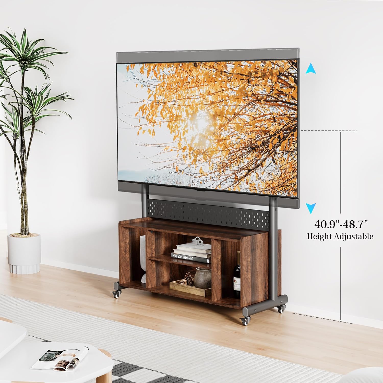 FITUEYES Rolling 3-in-1 Entertainment Center for 50-85 inch TVs, Heavy Duty TV Console on Wheels Lockable Hold Up to 176 lbs, Height Adjustable TV Stand Cabinet & Pegboard for Living Room, Bedroom