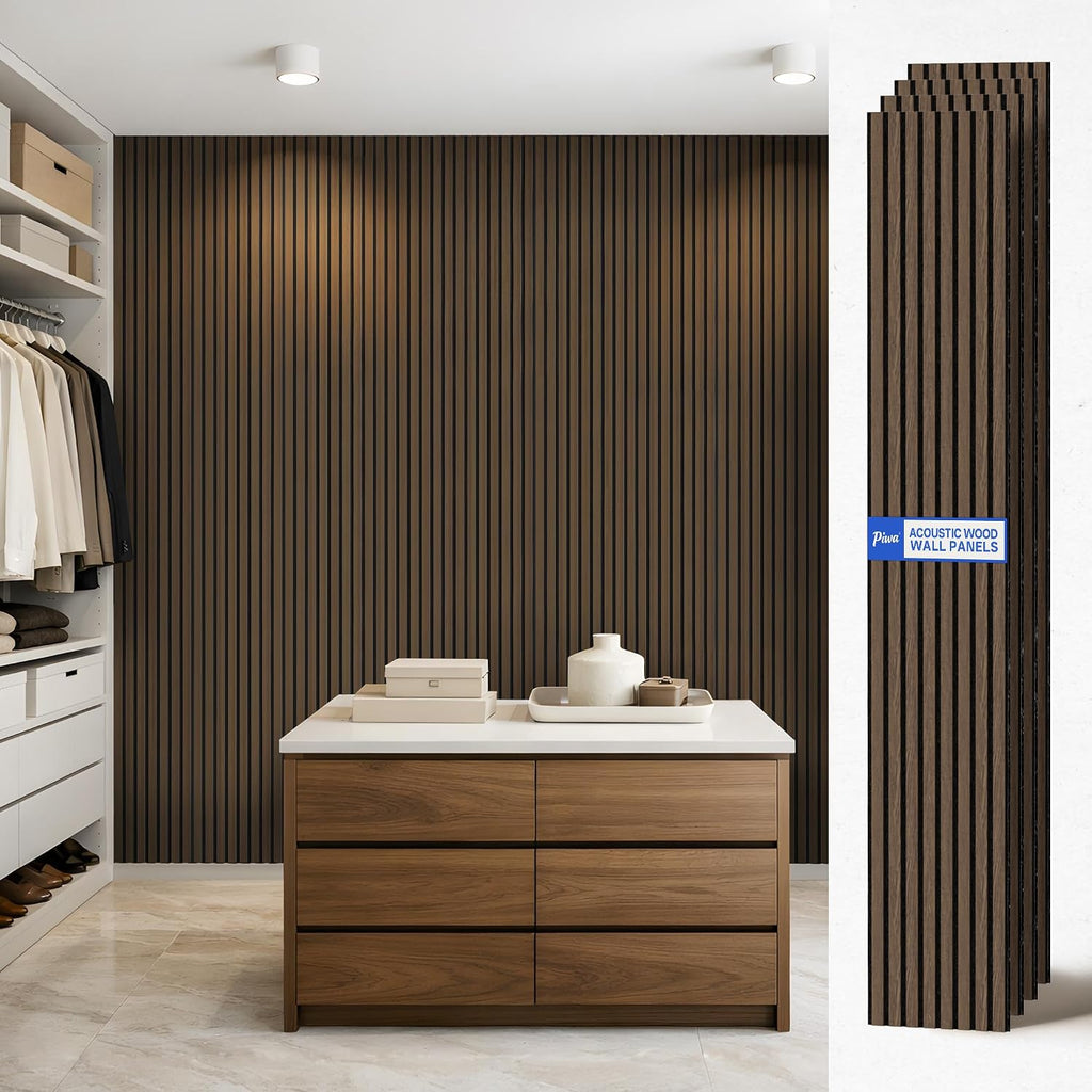 PIWA Acoustic Wall Panels 94' x 12' 4 Pack, Wood Panels for Wall Sound Dampening Slat Paneling with MDF Surface and Sound-Absorbing Core for Interior Decor, Home, Office and Gaming Room (Dark Walnut)