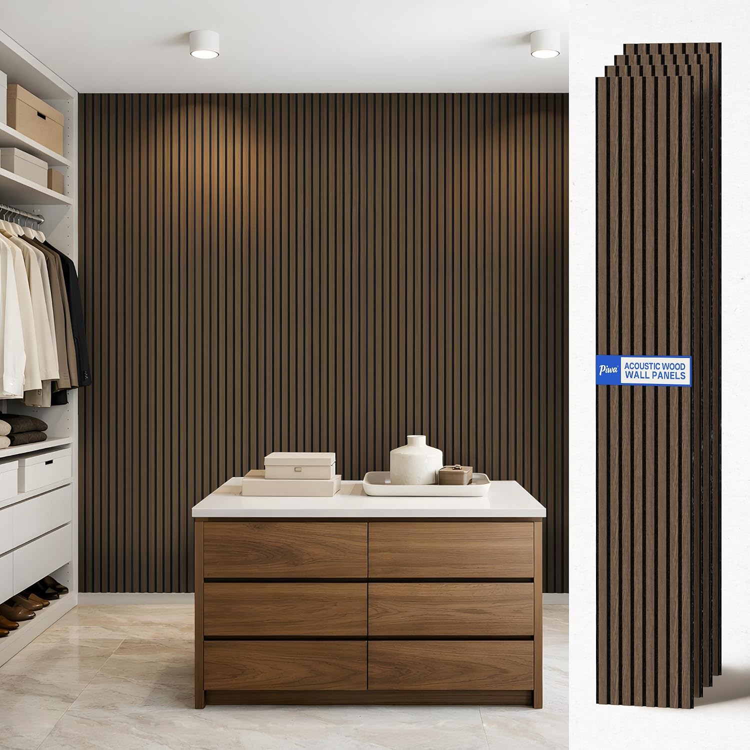 PIWA Acoustic Wall Panels 94' x 12' 4 Pack, Wood Panels for Wall Sound Dampening Slat Paneling with MDF Surface and Sound-Absorbing Core for Interior Decor, Home, Office and Gaming Room (Dark Walnut)