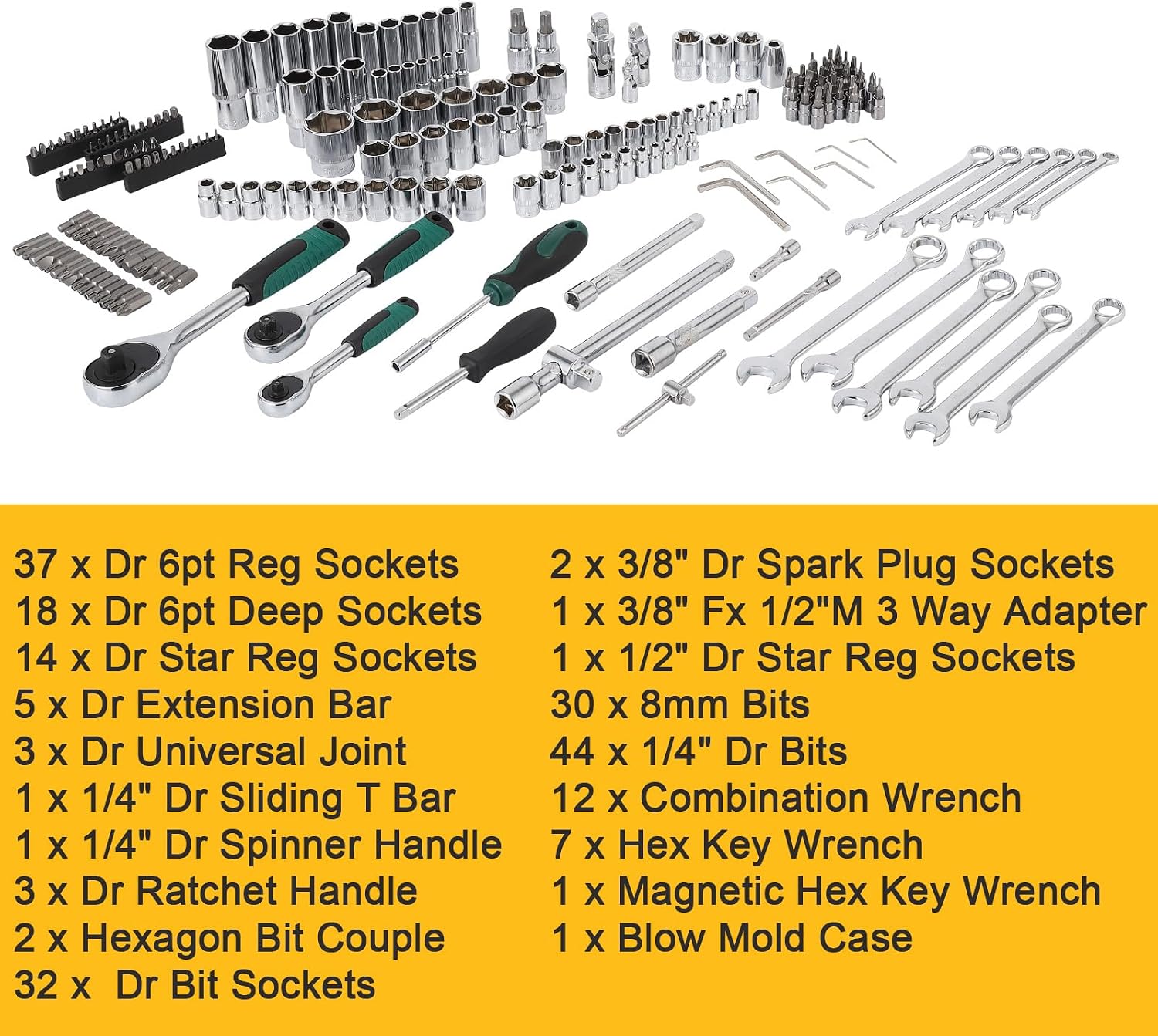 216-Piece Tool Set, Socket Wrench Set Mechanics Tools with 72-Tooth Reversible Ratchet, Tool Kit with Case for Automotive Repair, 1/4' 3/8' 1/2' Drive Socket Kit, Universal Joint, and Extension Bars