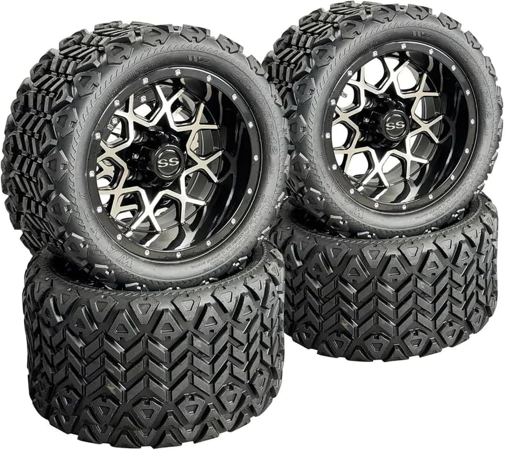 12 Inch Deep Dish Machined Golf Cart Wheels & Tires Set of 4, 20x10-12 All Terrain Tires, DOT Certified Golf Cart Wheels Compatible with EZGO, Club Car, YMH