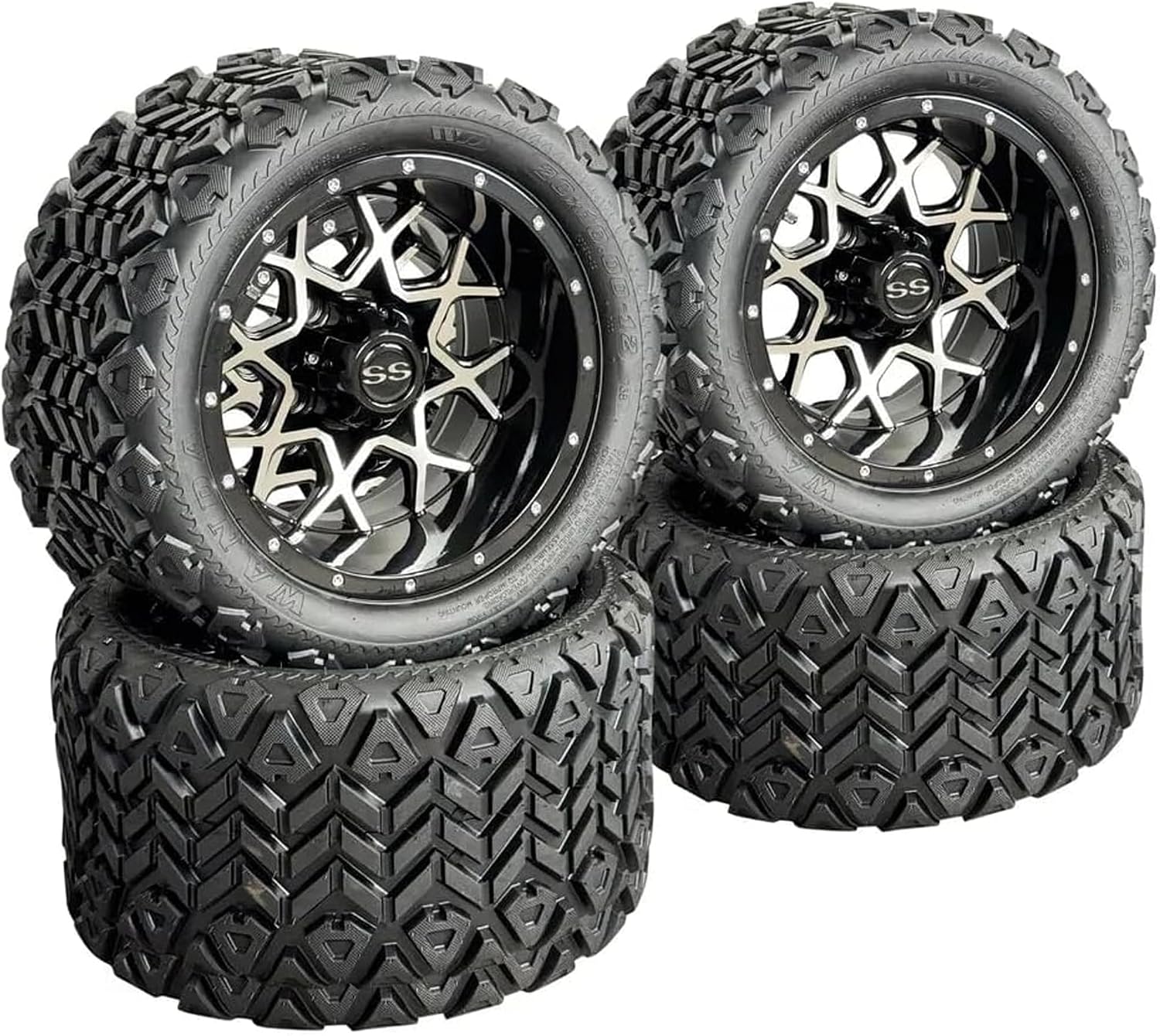 12 Inch Deep Dish Machined Golf Cart Wheels & Tires Set of 4, 20x10-12 All Terrain Tires, DOT Certified Golf Cart Wheels Compatible with EZGO, Club Car, YMH