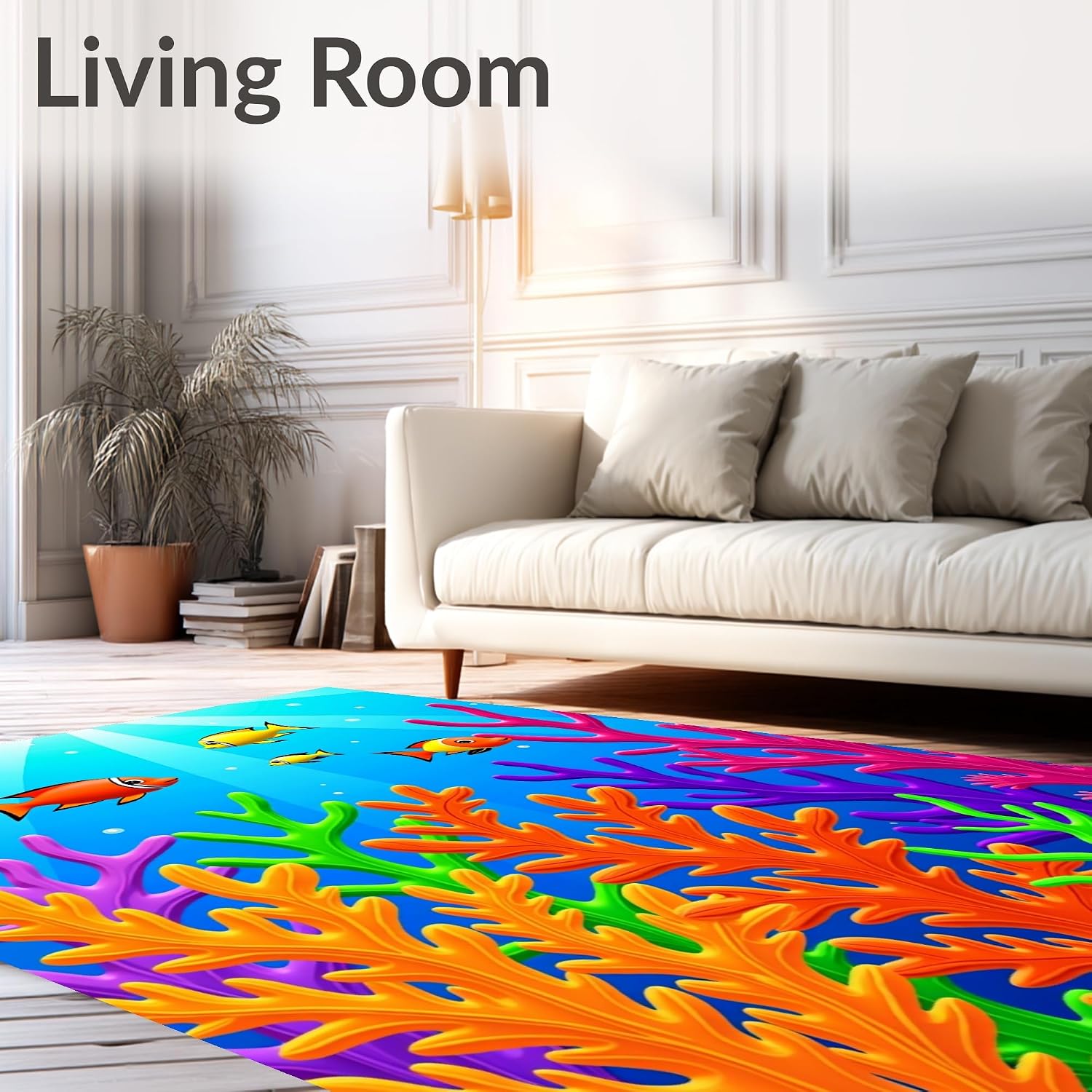Design&I Low Pile Flatwoven Area Rug 4x6, Tropical Fish Coral Reef Marine Life Seascape, Machine Washable, Stain Resistant Indoor Rug for Living Room, Bedroom, Non Slip(Blue, 4x6, Pad)