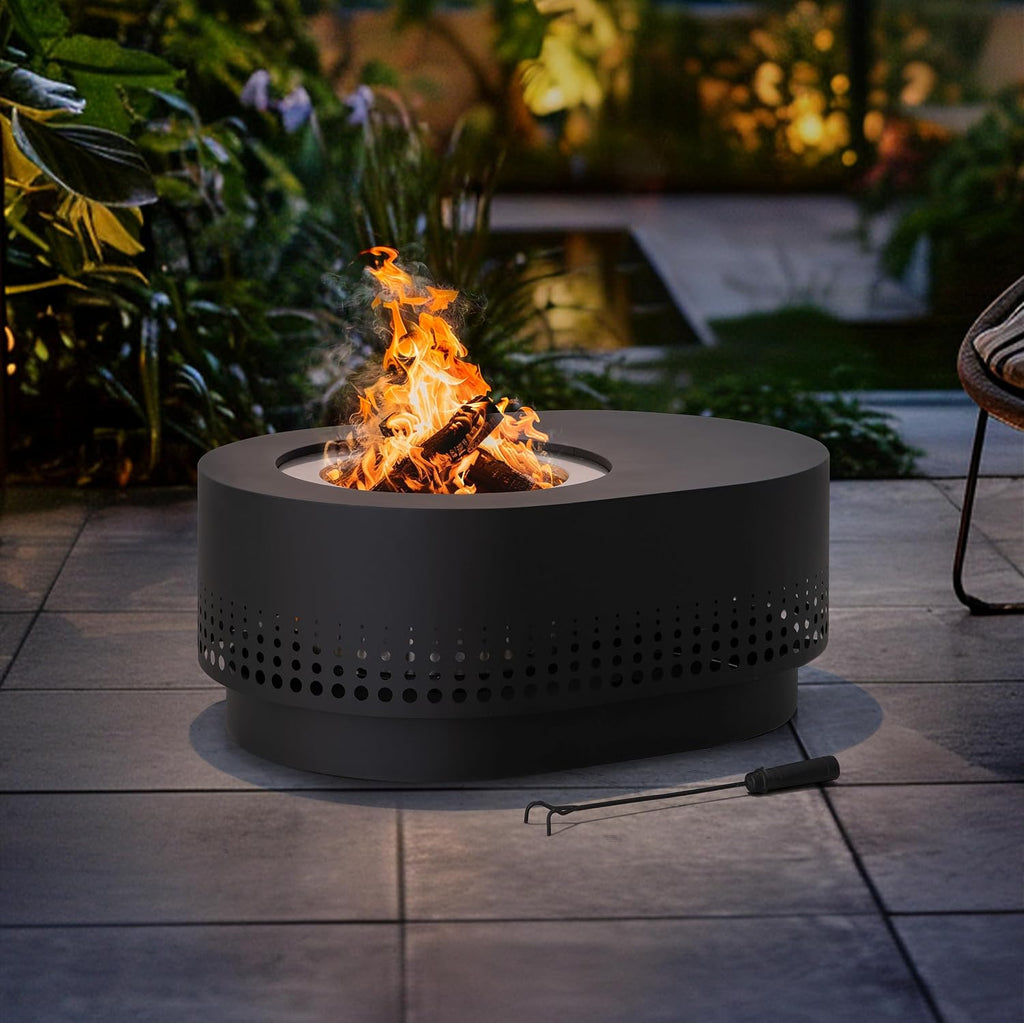 SUNJOY Smokeless Fire Pit with Table Top, 38-Inch Oval Firepit for Outdoor, Stainless Steel Wood Burning Fireplace w/Removable Ash Pan, PVC Cover and Fire Poker, Ideal for Camping, Backyard, Black