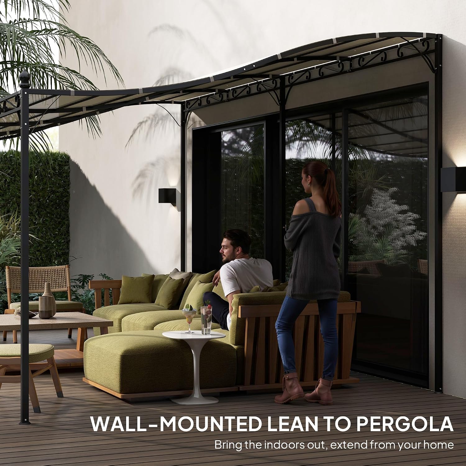 Outsunny 10' x 16' Outdoor Pergola Canopy, Wall-Mounted Metal Patio Canopy with Weather-Resistant Fabric and Drainage Holes for Backyard Garden Porch Beach, Cream White