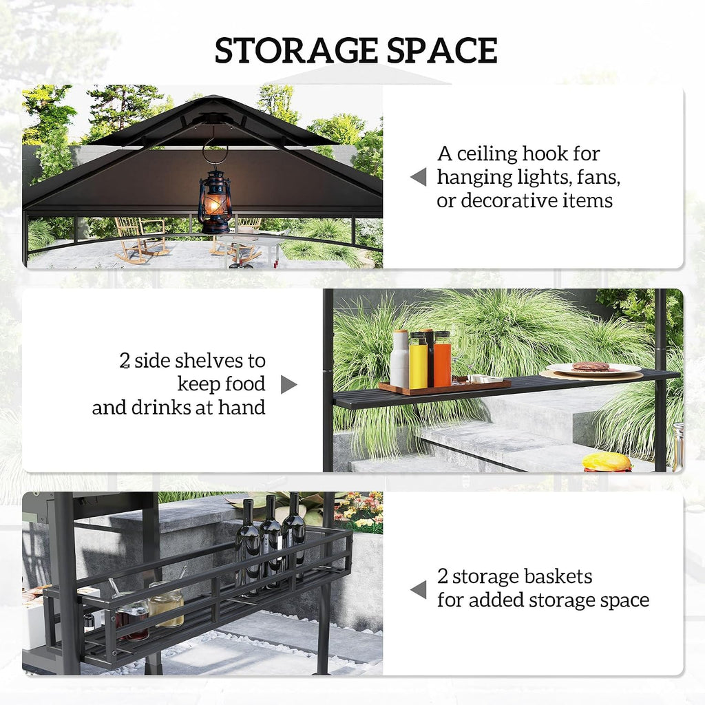 Outsunny 8' x 5' Grill Gazebo, 2-Tier Outdoor BBQ Gazebo with Ceiling Hook, 2 Side Shelves and Storage Baskets for Patio Deck Yard, Dark Gray