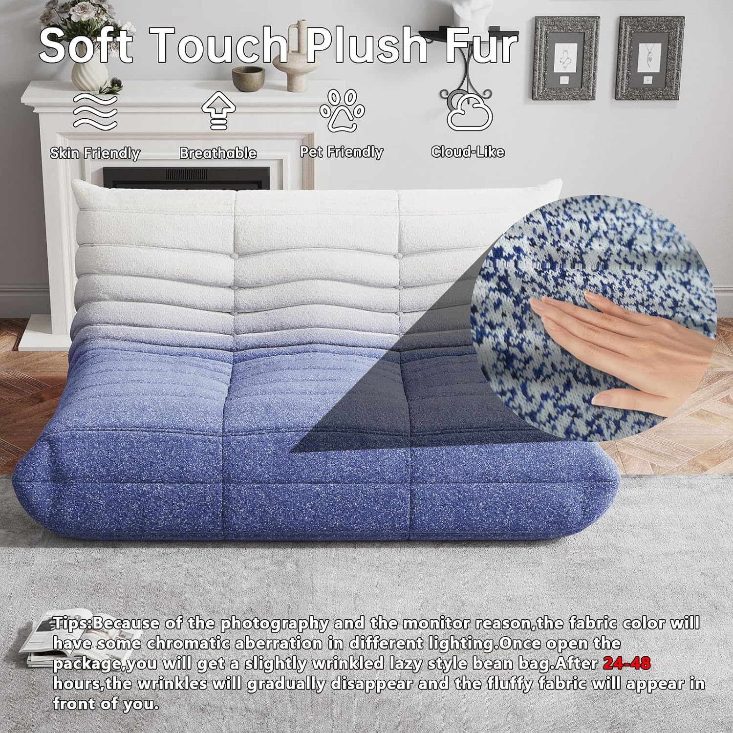 WHGBJA Bean Bag Chairs for Adults, Memory Foam Couch Loveseat Sofa Chair, Soft Teddy Material Cozy Comfy Reading Nook Chairs, Floor Chair for Living Room Bedroom Office(Blue-White)