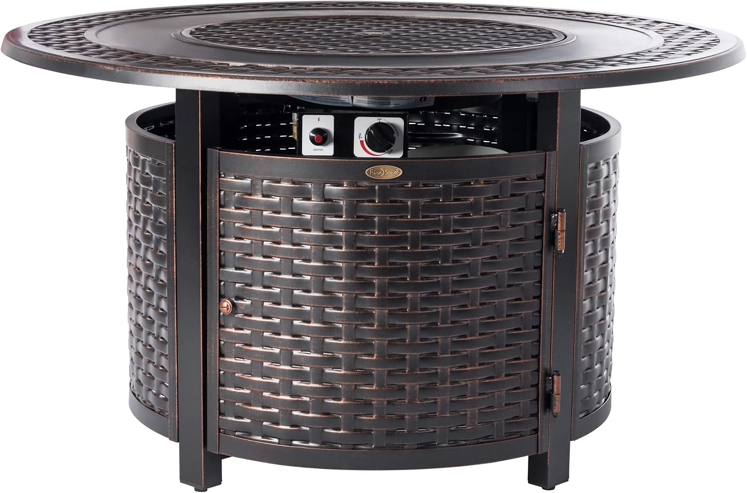 Fire Sense 62195 Bellante Woven Aluminum Convertible Gas Fire Pit Table 55,000 BTU Multi-Functional Outdoor with Fire Bowl Lid, Nylon Weather Cover & Clear Fire Glass - Bronze Finish - Round - 44'
