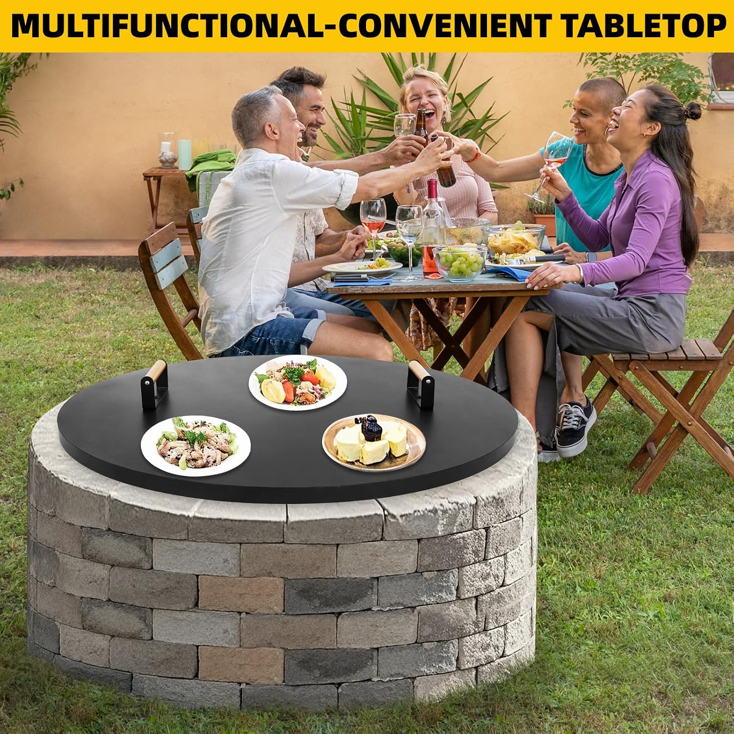 G GOOD GAIN Firepit Lid Round 36 Inch - Rust Resistant Fire Pit Lid Cover with Wooden Handle & Gloves, Fire Pit Snuffer Lid for Courtyards, Patio, Winter Cold Protection. Fits Fire Pits Up to 34'